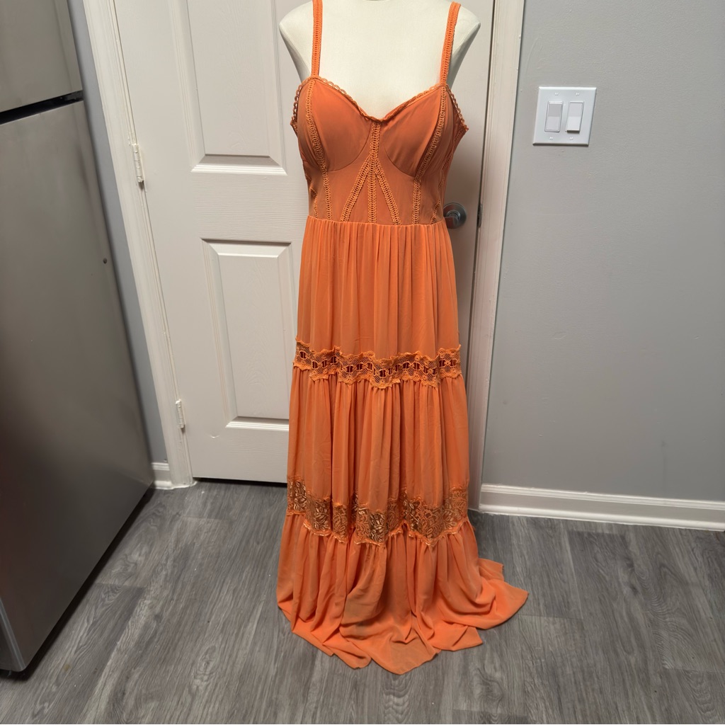 Nwt- Doce Maria Orange Lace Maxi Dress Large